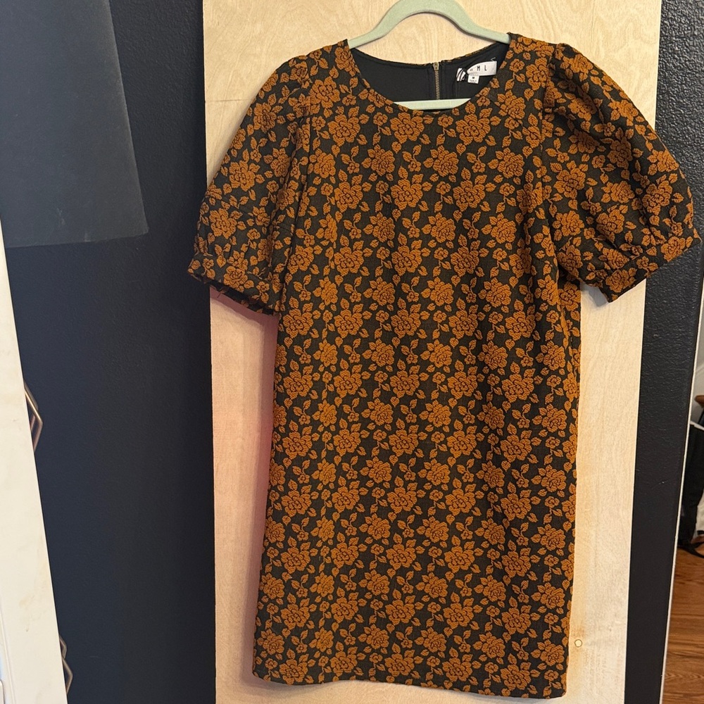 THML Black Mini Dress with Rust Floral Jacquard
